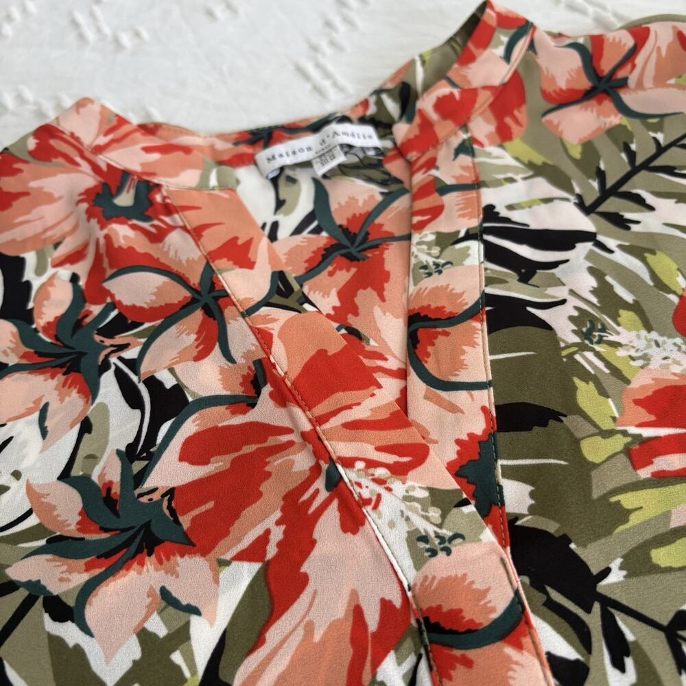Maison d’Amelie Paris Tropical Floral Blouse Women’s M Olive Split Neck Top - Picture 5 of 10